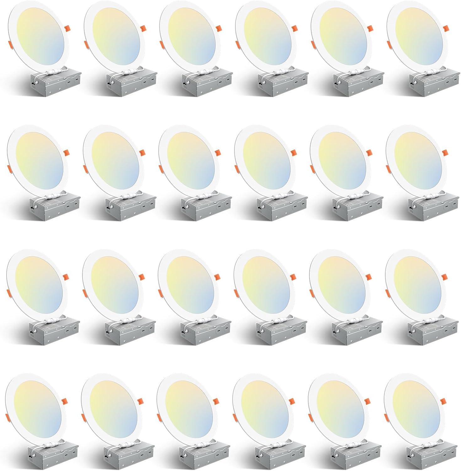 Amico 24 Pack 6 Inch 5CCT Ultra-Thin LED Recessed Ceiling Light with Junction Box, 1050LM Brightness, Dimmable Canless Wafer Downlight, 12W, ETL&FCC