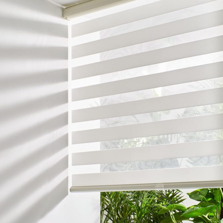 Persilux Cordless Zebra Blinds for Windows Free-Stop Window Blinds (34″ W X 64″ H, White) Dual Layer Light Control for Day and Night, Light Filtering Sheer Shades for Home, Bedroom, Easy to Install