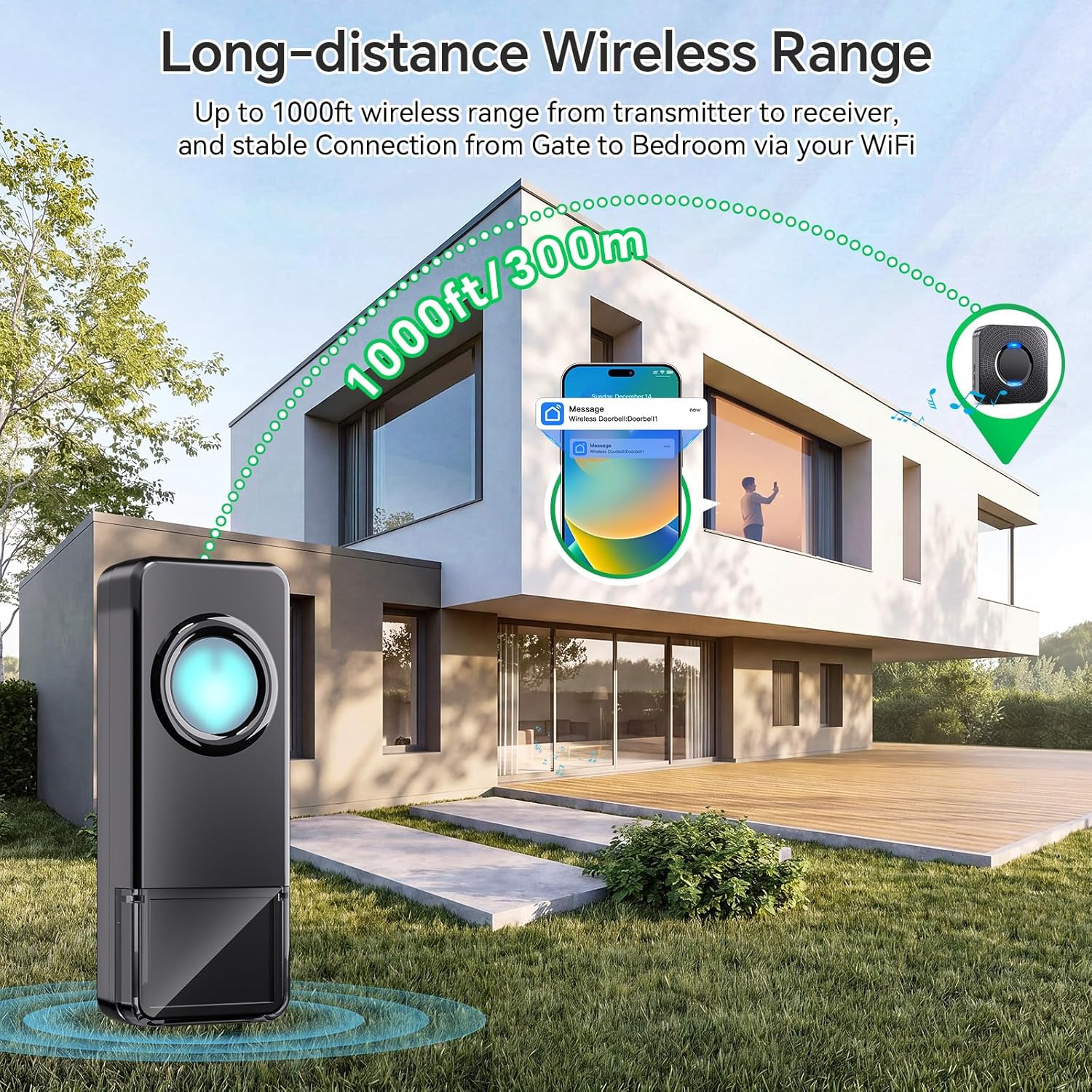 WiFi Wireless Doorbell, Smart Door bell Chime with Phone App Alerts for Home Classroom Office, Real-Time App Notification, 32 Chimes LED Flash, Door Bell Ringer Wireless for Elderly & Hearing Impaired