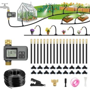 120 Ft Drip Irrigation System with Smart Water Timer – Automatic Garden Watering Kit with Solid Brass Metal Connectors, 360° Adjustable Nozzles & Bendable Tubing for Garden, Greenhouse & Lawn
