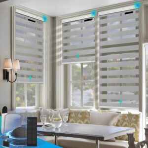 DENFOON Motorized Zebra Blinds, Solar Powered Dual Layer Automatic Shades with Remote Control, Rechargeable Smart Blinds Horizontal Wireless Electric Shades for Windows. White， 22 x 72