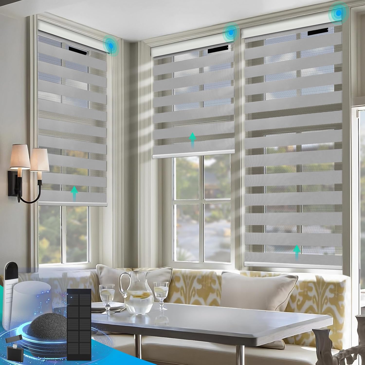 DENFOON Motorized Zebra Blinds, Solar Powered Dual Layer Automatic Shades with Remote Control, Rechargeable Smart Blinds Horizontal Wireless Electric Shades for Windows. White， 22 x 72