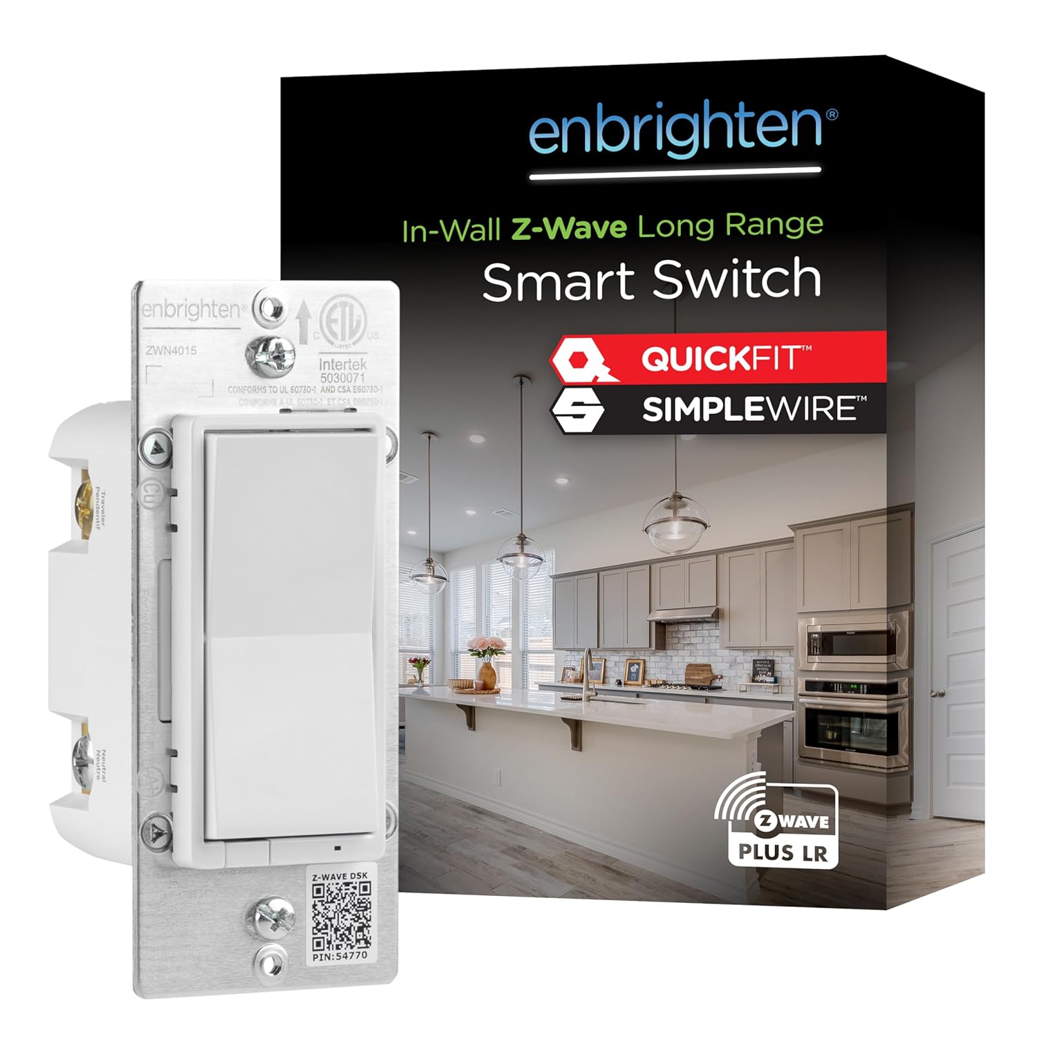 Enbrighten 800 Series Z-Wave On/Off Toggle Switch, Long Range 800LR, Quick Fit, Simple Wire, Direct 3-Way (No Add-On Switch Needed), Smart Hub Required, Compatible with Alexa, Google Home, 76592