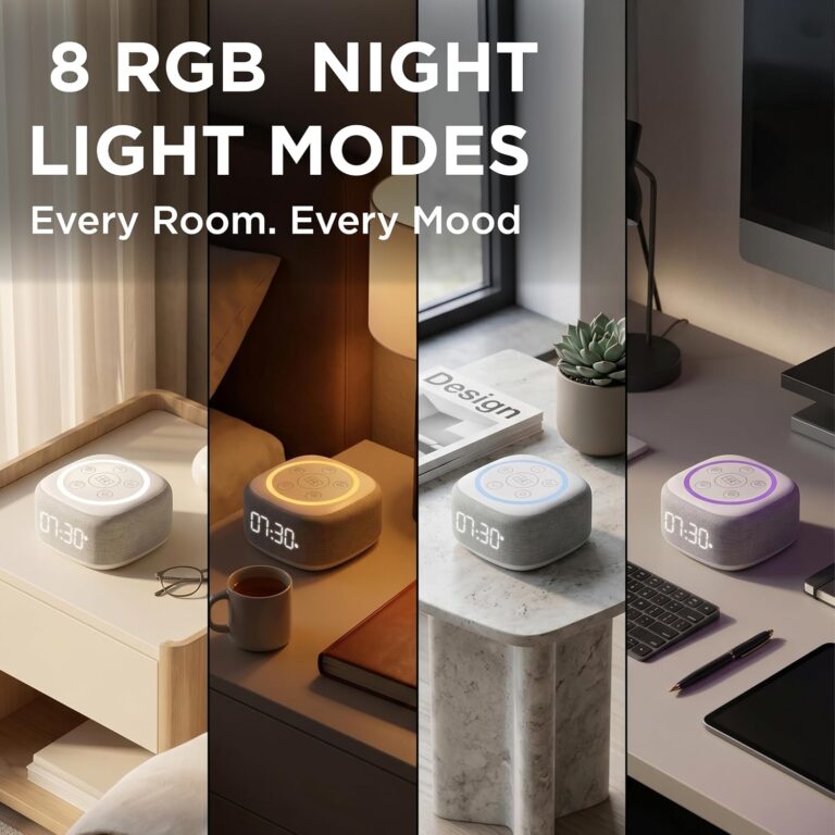 Gemini Home Speaker with AI Voice Assistant Access & Built-in Mic, Bluetooth White Noise Machine for Bedroom, 16 Sleep Sounds, 8 RGB Night Light Modes, LED Clock Display (BRS-180) | White noise machine for bedroom – 16 sleep sounds, 8 RGB night light modes – rich audio sound – white