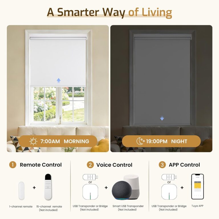 Grandekor Motorized Blinds with Remote Control, Blackout Roller Shade Electric Shades Cordless Smart Blinds for Bedroom Living Room Office,White,W34.5xH72 | Blackout Electric Cordless Roller Shades with Remote for Bedroom, Living Room&Home,Google Assistant & Tuya App Compatible