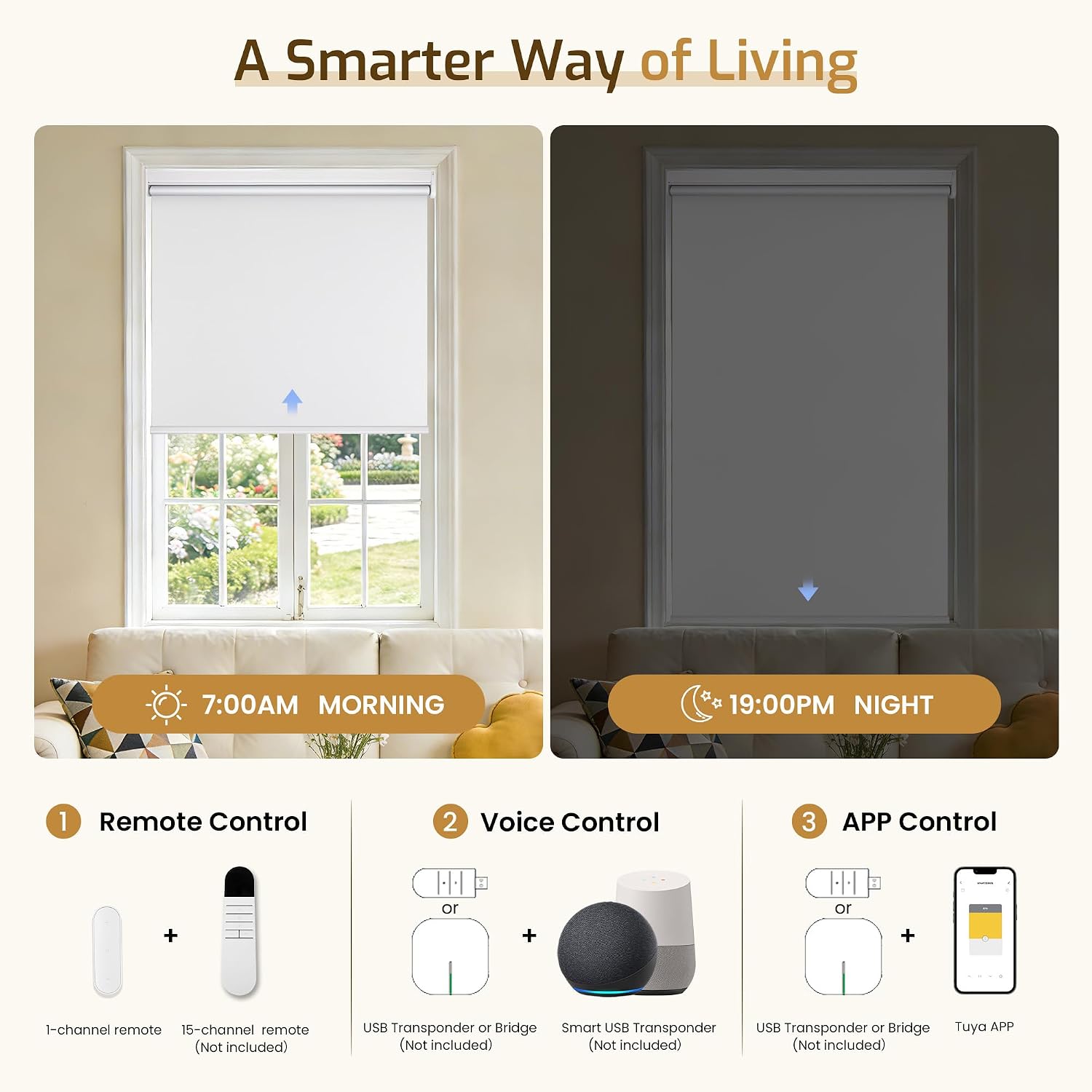 Grandekor Motorized Blinds with Remote Control, Blackout Roller Shade Electric Shades Cordless Smart Blinds for Bedroom Living Room Office,White,W34.5xH72 | Blackout Electric Cordless Roller Shades with Remote for Bedroom, Living Room&Home,Google Assistant & Tuya App Compatible