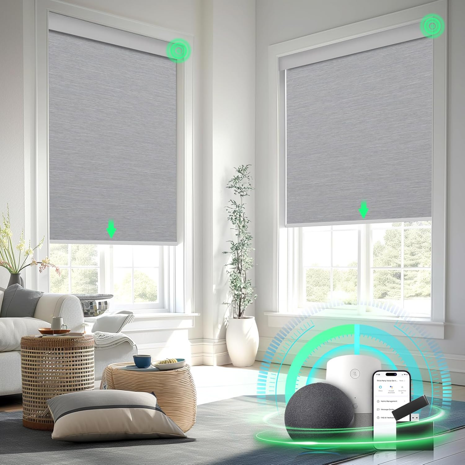 MANSNIX Smart Motorized Blinds with Remote Control, Blackout Roller Shades, Custom Smart Blinds with Valance, Cordless Electric Window Blinds & Automatic Shades(Grey,34″ Wx72 H)