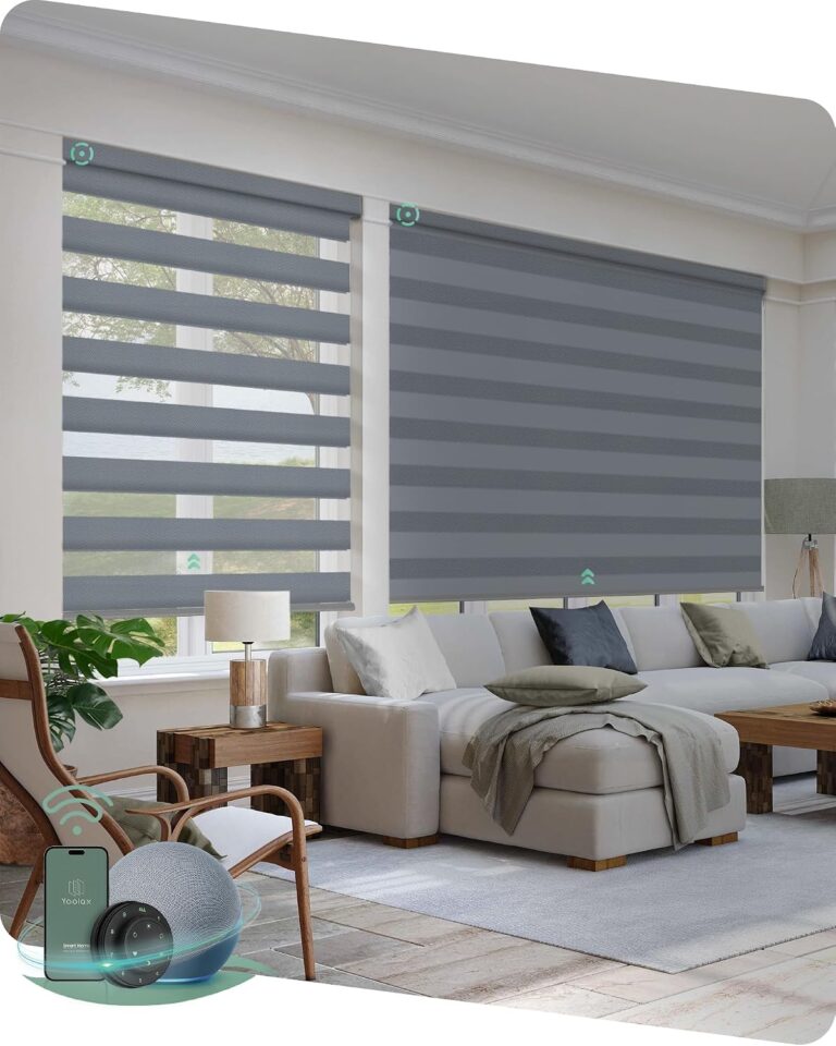Yoolax Motorized Zebra Blinds with Remote, Light Filtering Smart Blinds Work with Alexa, Apple Home, Google Home, Electric Dual Layer Blinds Privacy Control, Custom Size, Sheer White