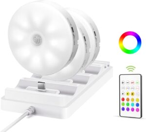 EZVALO RGB Under Cabinet Puck Lights with Remote, Motion Sensor Lights | 6-Pack with Remote, Rechargeable, Wireless, 3 Color Temps, 12 RGB Colors, Magnetic, Dimmable, for Counter, Closet, Shelf