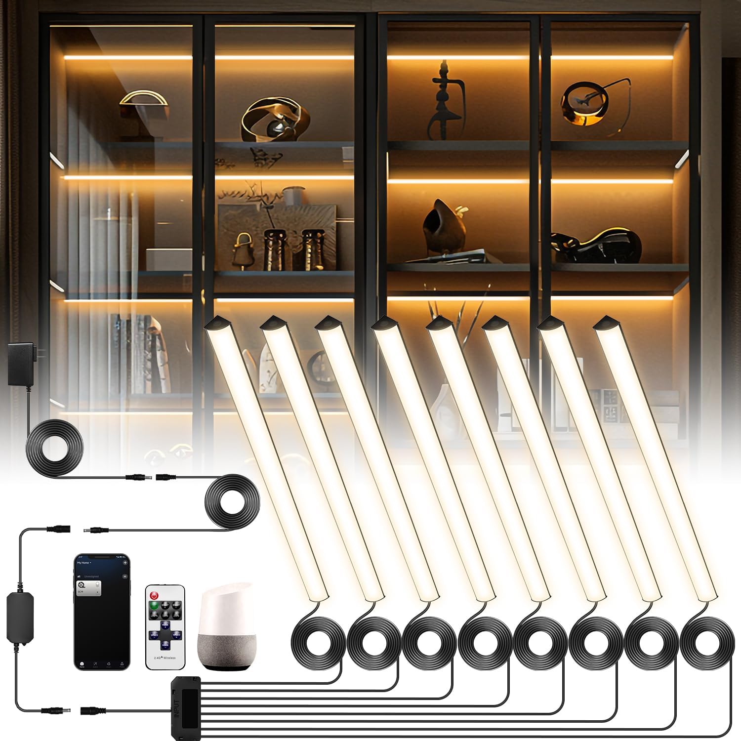 Lumtide Black Shelf Lights, LED Bookcase Lighting Compatible with Alexa, WiFi Dimmable 2700K Under Shelf Lighting for Bookshelf, Display Case, Cabinets with App, Remote, Memory Function (4Pack 12In)