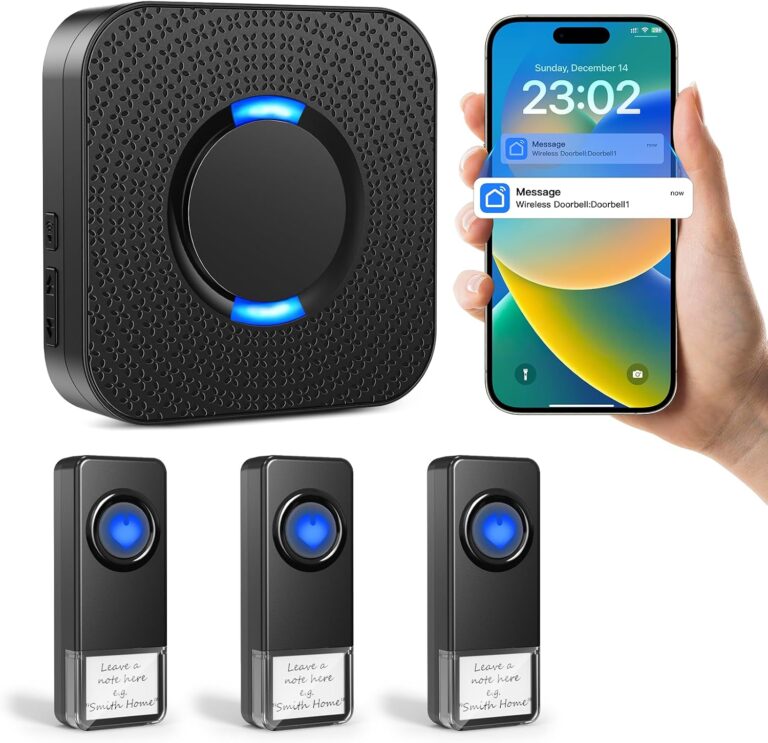 Wireless Doorbell with App Alarm, Smart WiFi Doorbell Chime with 3 Buttons | 1000-ft Range, 5 Volumes with 32 Chimes & LED Flash, Free App Notification, Door Bell Wireless for Home Classroom Office Room