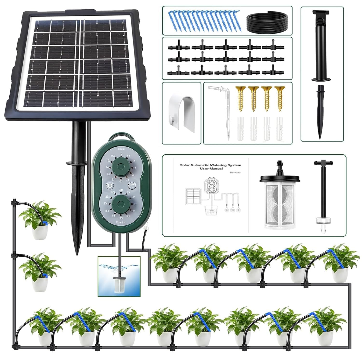 50FT Solar Automatic Drip Irrigation Kit System, Smart Self-Watering System with USB Charging for Outdoor Indoor Use, 2200mAh Automatic Watering System Supports 15 Pots for Garden, Balcony & Patio