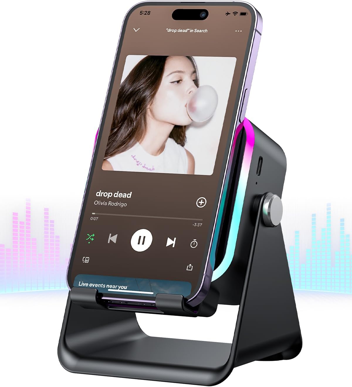 Oresoc Induction Speaker 5-in-1 Wireless Bluetooth Audio for iPhone Android | No Pairing Needed, Adjustable Stand, RGB Light, Louder Sound, USB Wired Phone Charging, Cool Tech Gift for Men Women Teens