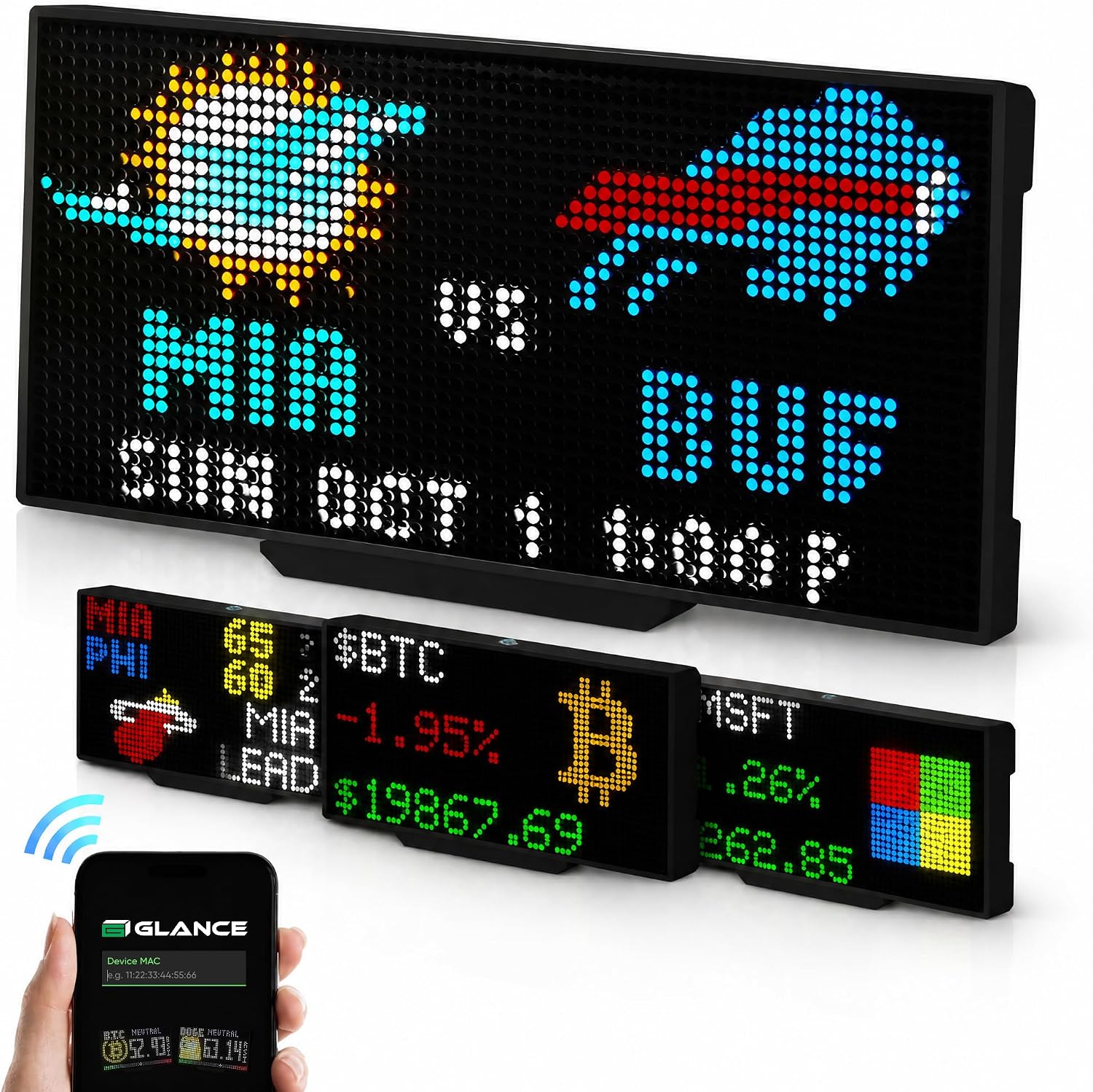 PANELFI Glance LED Sports Ticker, Customizable Smart Pixel Display for Live Scores, Stock Market Tickers, Crypto, Weather and News, Man Cave and Desk Decor, No Subscription, Made in USA Small 8″x 4″