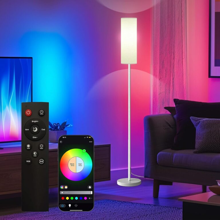 Qaubauyt Smart LED Floor Lamp with APP Control & RGB Colors – Dimmable Standing Lamp for Living Room, Bedroom, Gaming – Remote, Timer, 9W Bulb Included, 67″ Modern Tall Lamp (black pole + white shade)