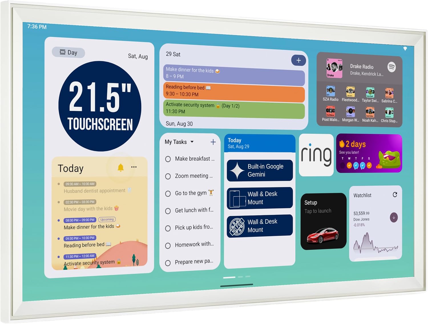 21.5″ Smart Hub Digital Calendar Touch Screen, No Subscription, Google Play | App Store, Built-in Google Gemini, Wall Mount & Desk Stand, Photo Frame, Widget Dashboard, Electronic Family Wall Calendar