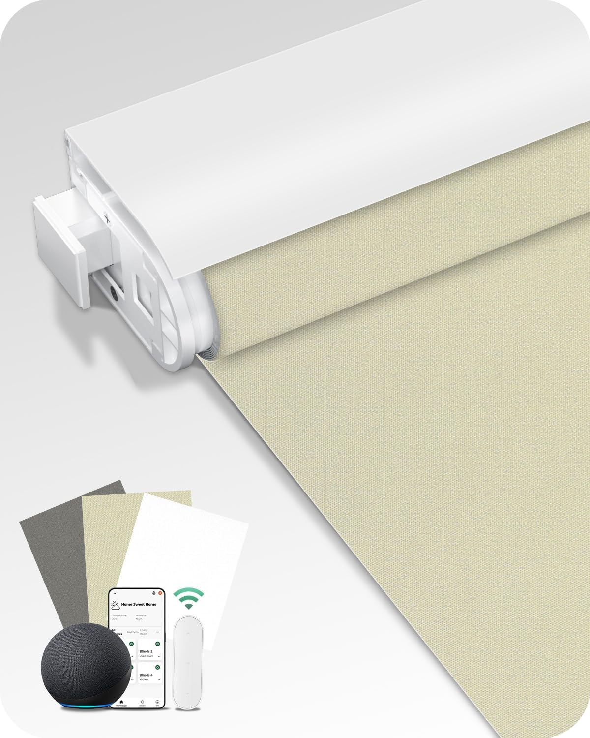 Allesin Motorized Blinds with Remote (Beige, 34×72) | No-Drill Smart Blackout Roller Shades, Easy Install Rental-Friendly Electric Blinds for Home Office