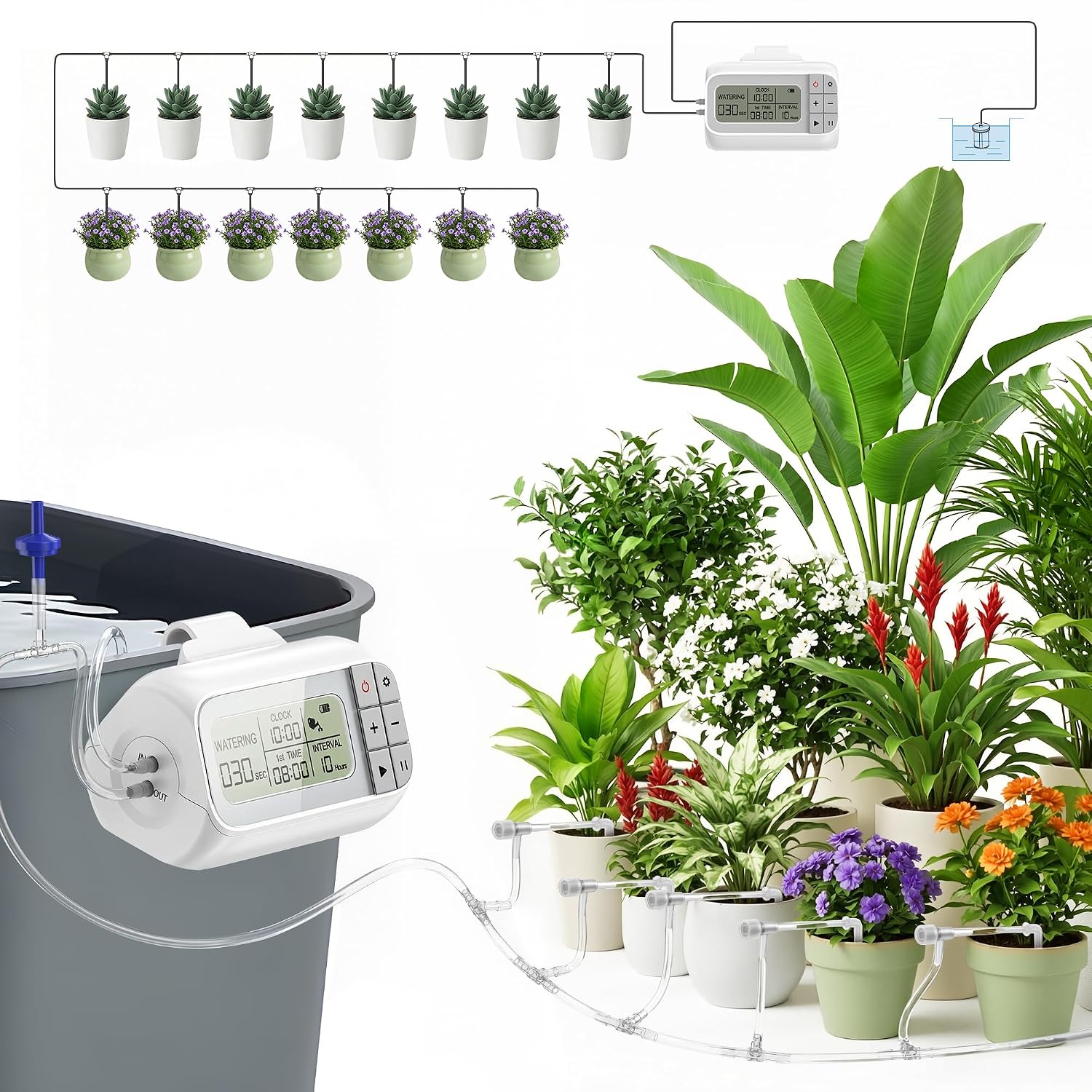 Auto Irrigation System, Battery Power Drip Watering System with Programmable Timer & Anti-Siphon Valve for 15 Indoor Outdoor Potted Plants