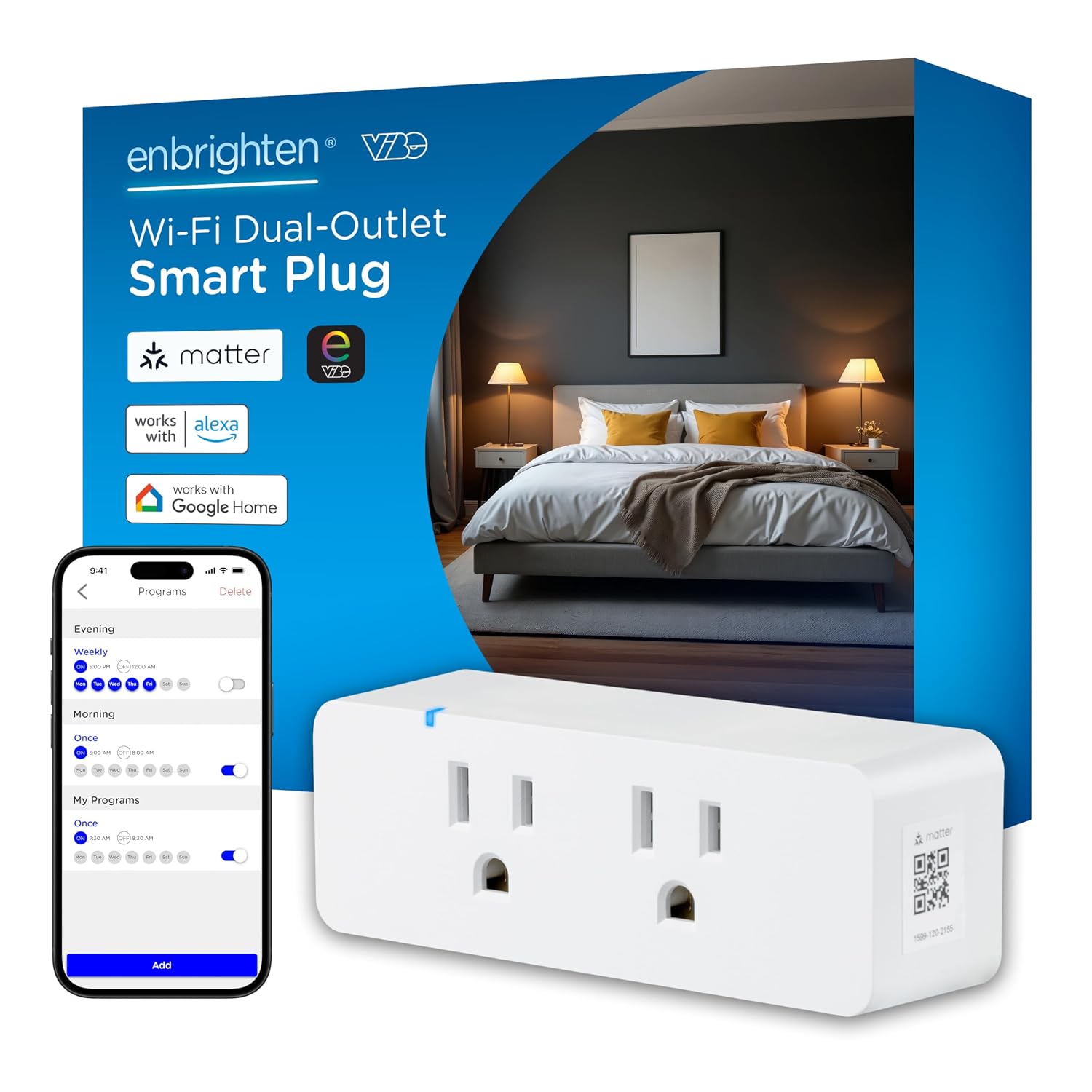 Enbrighten Matter Indoor Smart Plug, 1 Grounded Outlet, White, 1 Pack | Matter Compatible, Indoor Use, No Hub Required, Works with Alexa & Google Home