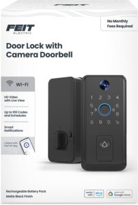 Feit Electric Smart Door Lock with HD Camera, Keypad Entry - Nickel | Doorbell, 1080p Video, Fingerprint Entry, 2-Way Audio, Night Vision, App Control, Auto-Lock, 100 User Codes, USB-C Backup