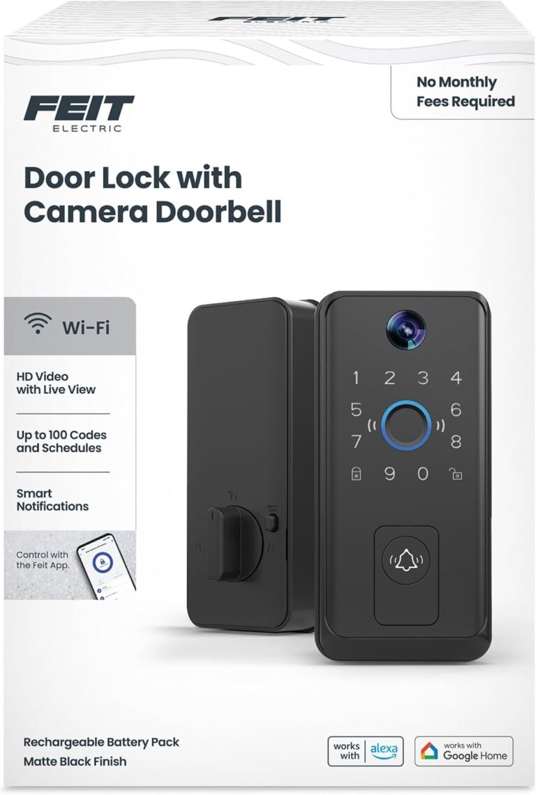 Feit Electric Smart Door Lock with HD Camera, Keypad Entry – Nickel | Doorbell, 1080p Video, Fingerprint Entry, 2-Way Audio, Night Vision, App Control, Auto-Lock, 100 User Codes, USB-C Backup