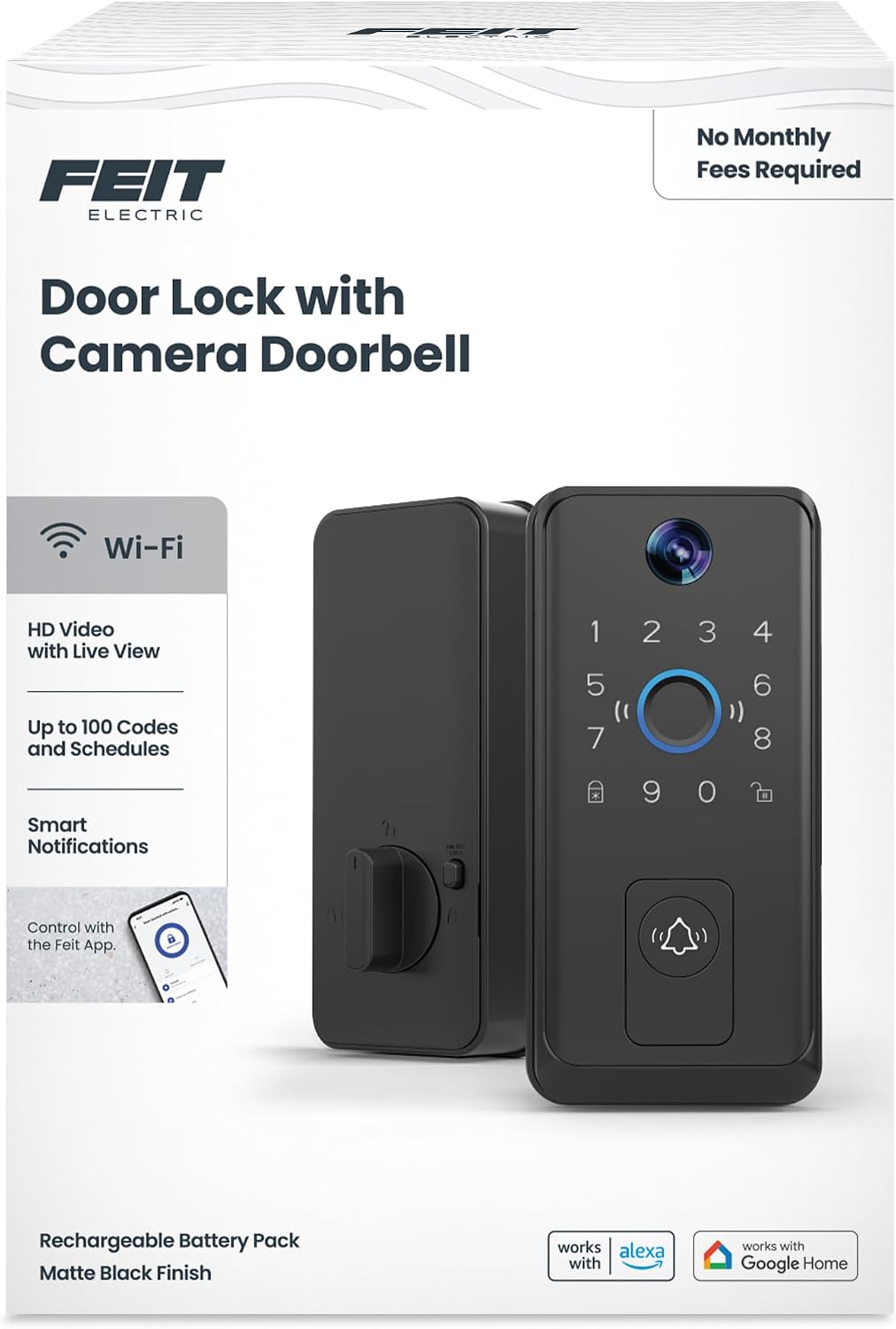 Feit Electric Smart Door Lock with HD Camera, Keypad Entry – Nickel | Doorbell, 1080p Video, Fingerprint Entry, 2-Way Audio, Night Vision, App Control, Auto-Lock, 100 User Codes, USB-C Backup