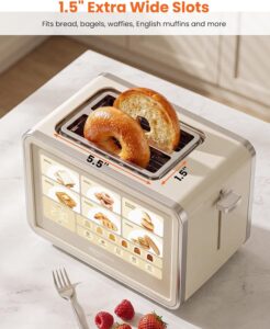 Keenstone 2 Slice Toaster, Smart Touch Screen Cream Toaster with Wide Slot | Large Glass Touch Display, 1.5" Wide Slot, 6 Browning Levels, +10s/-10s Control, Defrost, Reheat, Memory & Single Slice