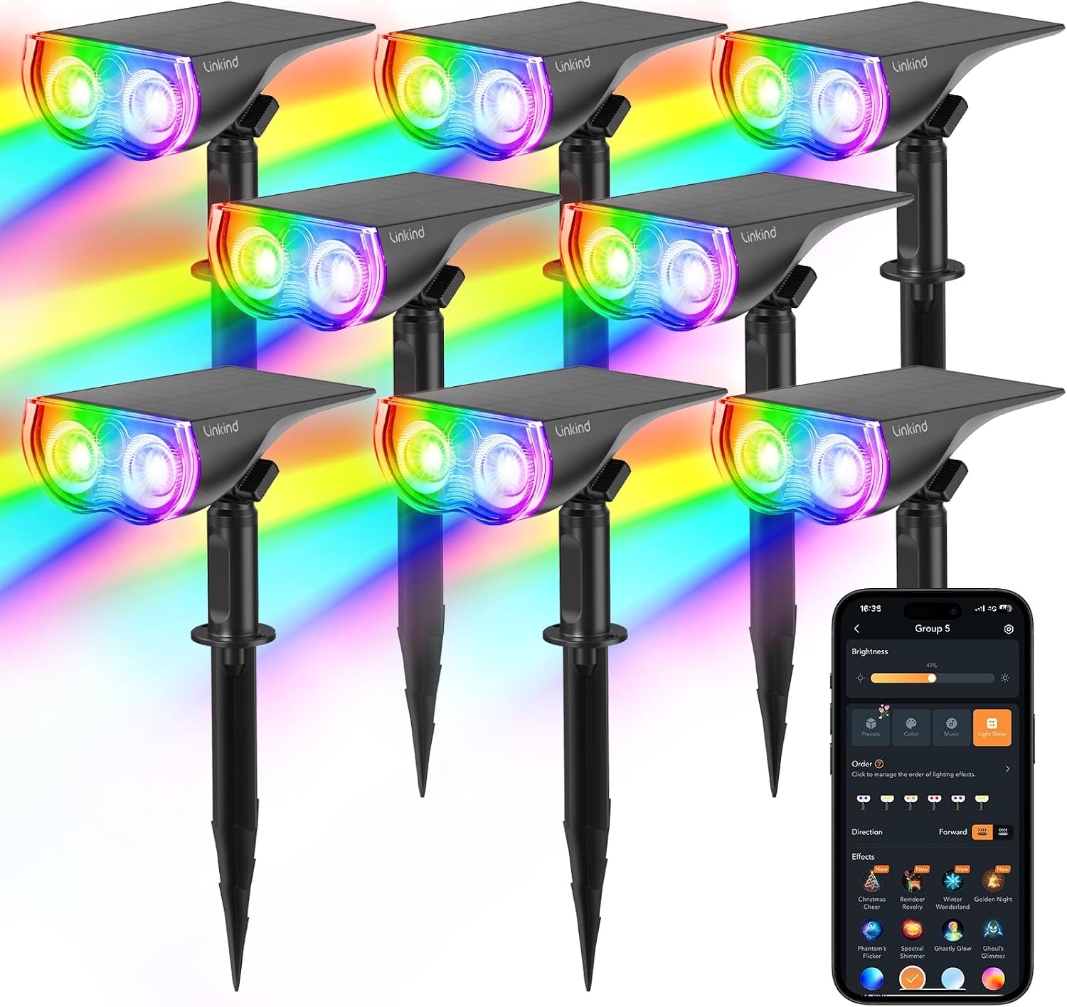 Linkind Smart Solar Spot Lights Outdoor SL5C, IP67 Halloween Lights Outdoor | RGBTW Color Changing Spotlight, APP/Voice Control Solar Landscape Outdoor Light for Yard, Garden, Pathway(8 Pack)