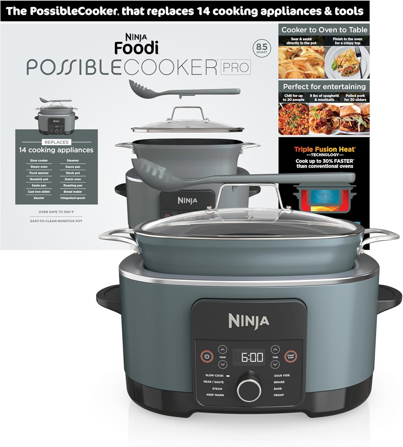 Ninja® PossibleCooker™ PRO Plus 9-in-1, 8.5-qt, Blue Macaron, MC2001 | Replaces 16 appliances, 1400W, Slow Cook, Sear, Sauté, Proof, Pasta/Rice, oven-safe ceramic pot, cooker-to-oven-to-table