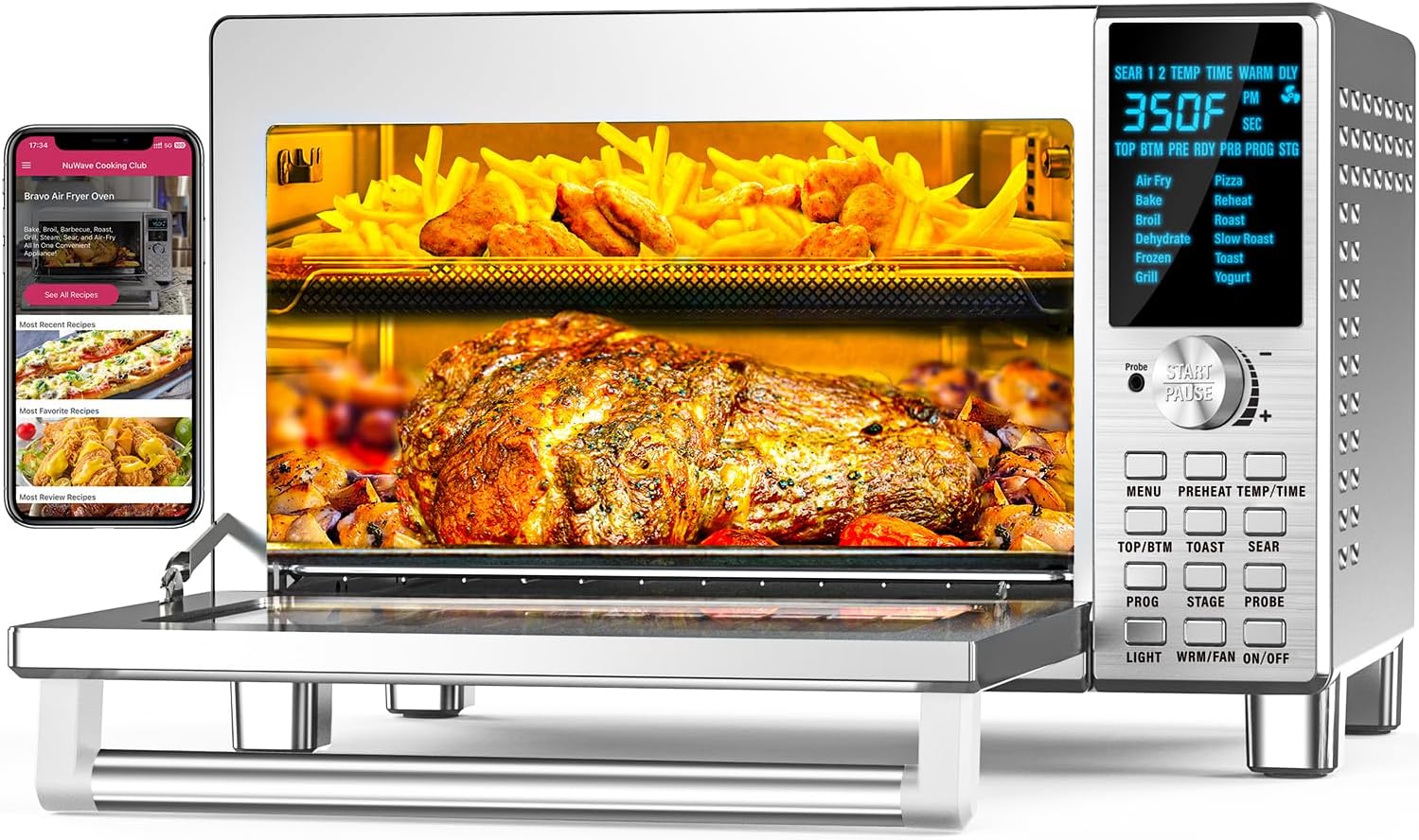 Nuwave Bravo XL Pro Air Fryer Toaster Oven, Improved 100% Super Convection | Quicker & Crispier Results, 100 Presets, Multi-Layer Even Cooking, 50-500F, Smart Probe, PFAS Free, 30QT, Stainless Steel