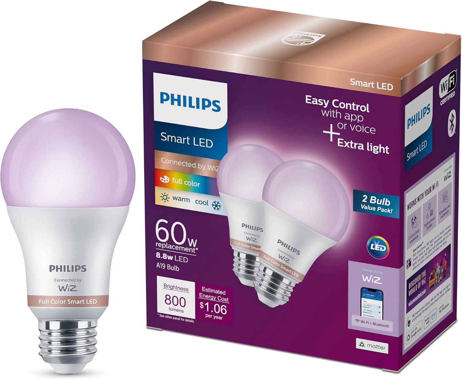 PHILIPS Smart Lighting Connected Light Bulbs, 4-Pack, Color A19 60W 800LM E26 Indoor LED Lights, Smart Bulbs with Motion Detection, Control with Voice or App