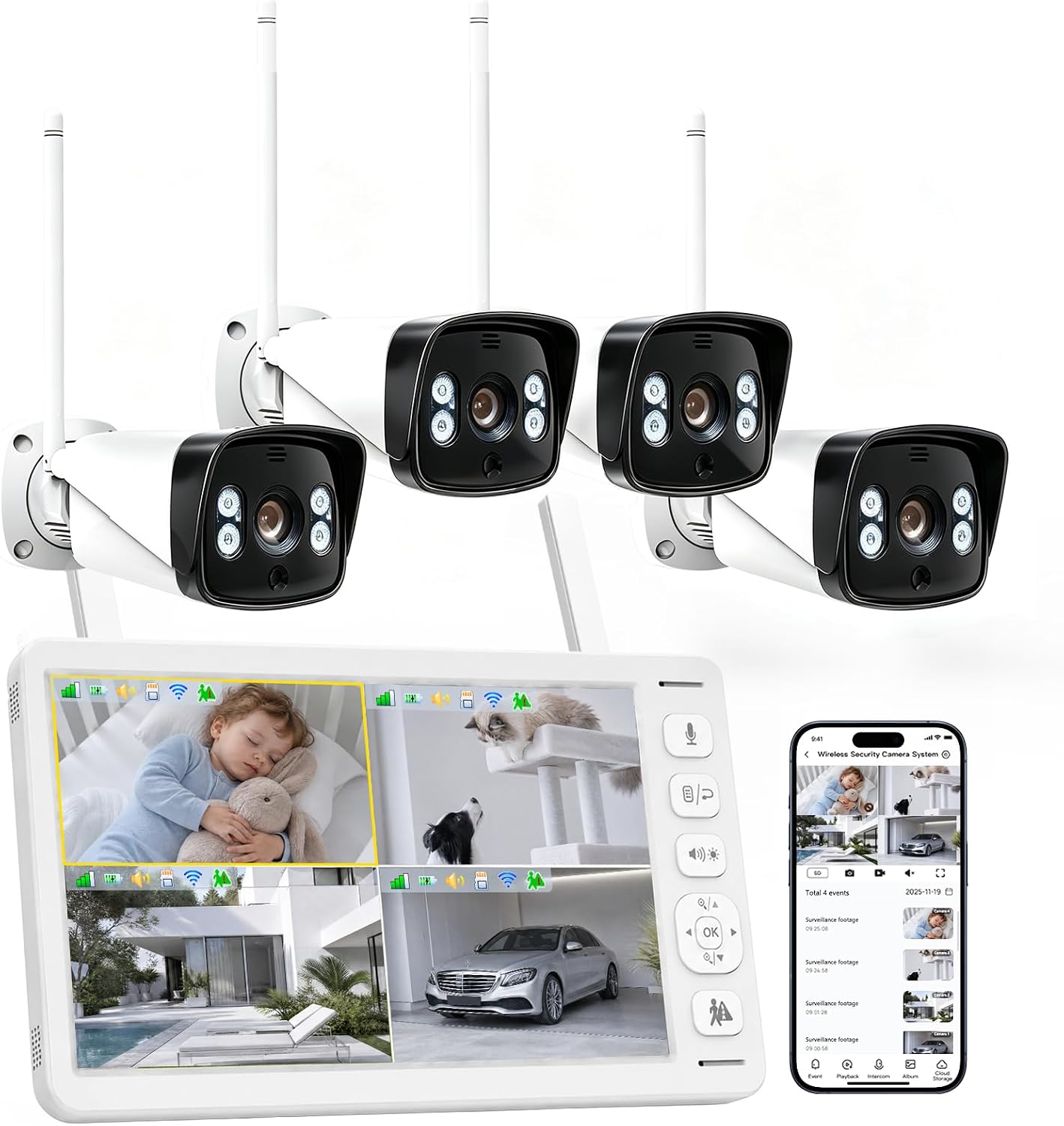 VTimes Smart Home Security Camera System Wireless Outdoor with Monitor | AI Human Dection, 24/7 Recording, Motion Detection, FHSS,1000ft,5G & 2.4G WiFi,IPX6, 2-Way Audio,Night Vision,Plug & Play