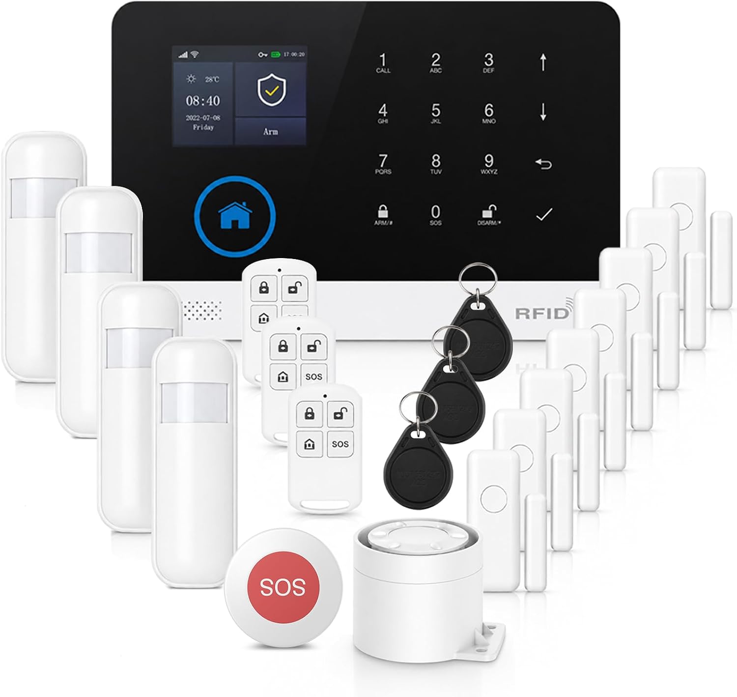 WiFi Wireless Home Alarm System, 21 Pcs, Alexa-Compatible, No Monthly Fees | Instant App Alerts, SOS Panic Button, App & Voice Control, 8 Door Sensors + 4 motion sensor alarm, for Elderly+Kids Safe